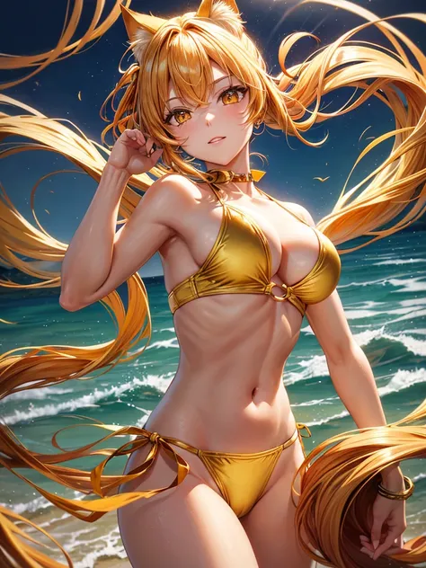 Golden long pony tail girl golden eyes golden cat ears 2 golden cat tails wearing golden bikini