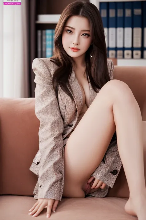 a 23 year old face of the most beautiful actress in the world, the perfect body proportions of a female, blazer is firmly worn on formal shirt which is covering whole upper body, whole vagina between bare legs is clearly seen, sitting on a sofa with spread...