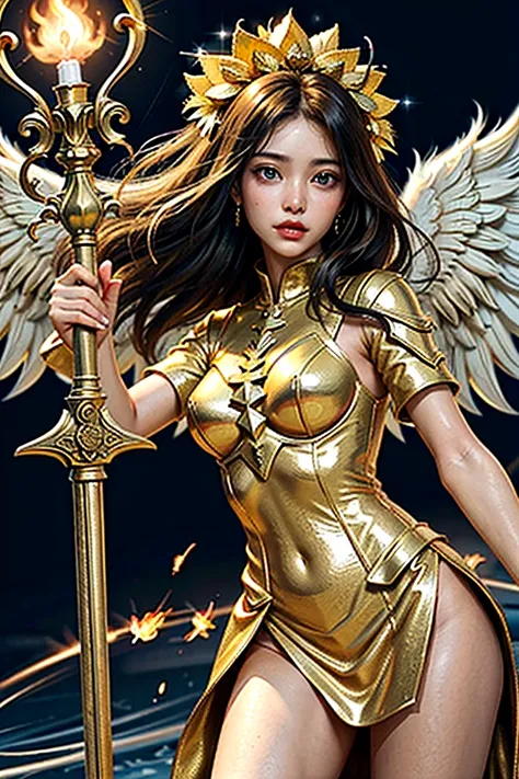 ((angel of justice)),(Receive the flame blade and reflect the dizzying light),burn with fire,equipped with golden armor,shining eyes,Holly gold colored background