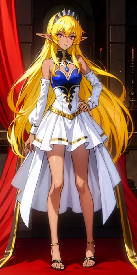 Princess Nina female elf, full body toe to head (dark skin:1.5,golden eyes:1.4,bright blonde hair:1.3,gal style)