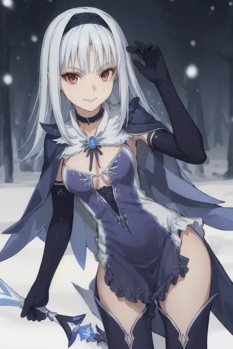 1girl, aira blanc neige, shining blade, smile, galdinius hairband, black elbow gloves, blue dress cleavage, frilled choker, black cape, black thighhighs frills, blue gemstone, park, snow, best quality, masterpiece, looking at viewers 