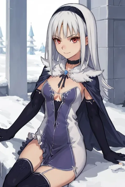 1girl, aira blanc neige, shining blade, smile, galdinius hairband, black elbow gloves, blue dress cleavage, frilled choker, black cape, black thighhighs frills, blue gemstone, park, snow, best quality, masterpiece, looking at viewers 