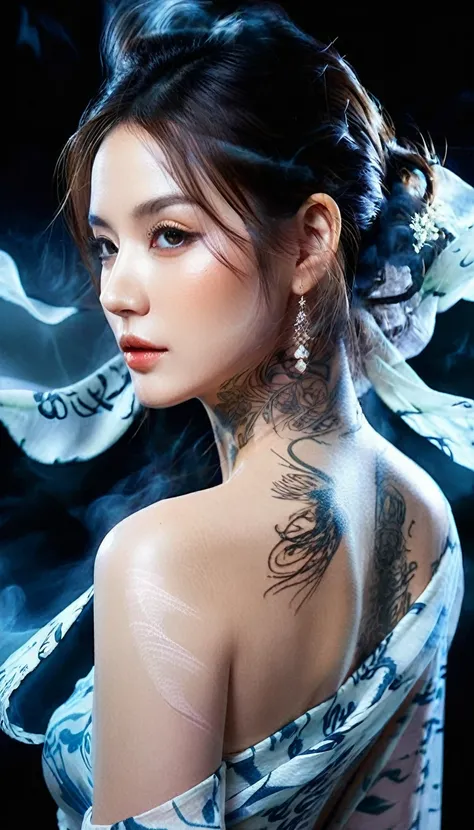 Double Exposure Style,Volumetric Lighting,a girl (Supermodel) with Wrap top,arching her back, beautiful tattoo, Traditional Attire,Artistic Calligraphy and Ink,light depth,dramatic atmospheric lighting,Volumetric Lighting,double image ghost effect,image co...