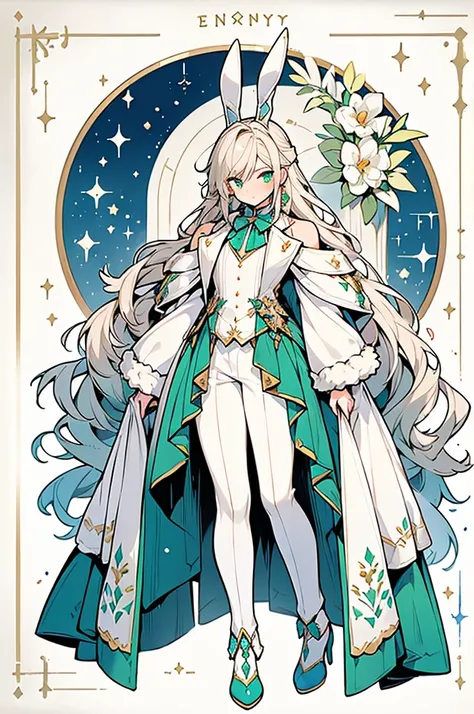 (((male, solo, bunny boy, White fur, elegante fantasy clothes))), elegante clothes, fantay clothes,green eyes, seafoam green clothes, ranger, pixiv, masterpiece, cute, (((fullbody)))