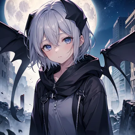 ((((grim Reaper　Inflammation))))　(((Gray Hair　short hair　blue eyes　woman　close)))，((night　full moon　My own big wings))，(Wearing a hood　Black camisole　Purple light)，　A tense look　Shining Background　Shining Edges