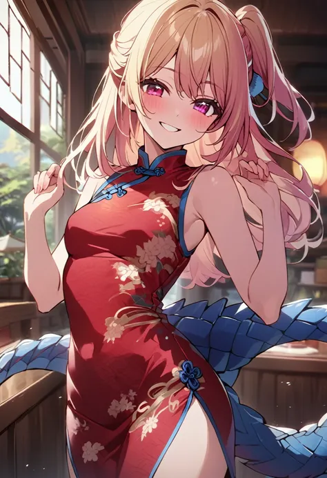 Blonde、Blue dragon patterned cheongsam、Cowboy Shot、Highest quality、Star-shaped pupil、The best smile、Hoshino Ruby