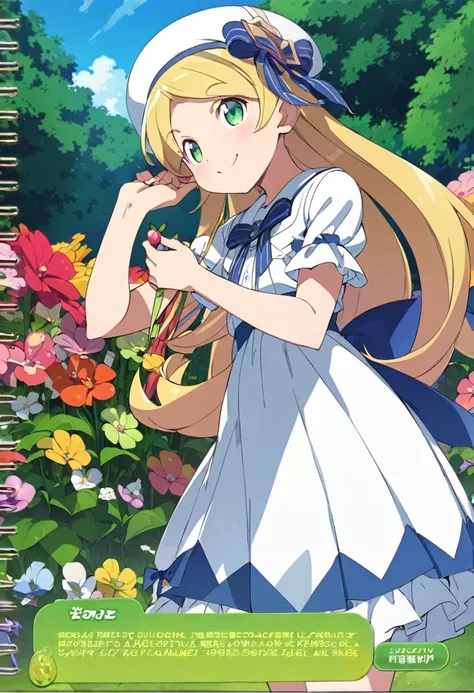 ```
character: Pokemon Lillie&#39;s Appearance:
- Long blonde hair- White hat- White dress- Blue ribbon- Gentle expression- Big green eyes background:
- Natural scenery that matches the worldview of Pokémon（for example、Steppes and flower gardens）

Pause:
-...