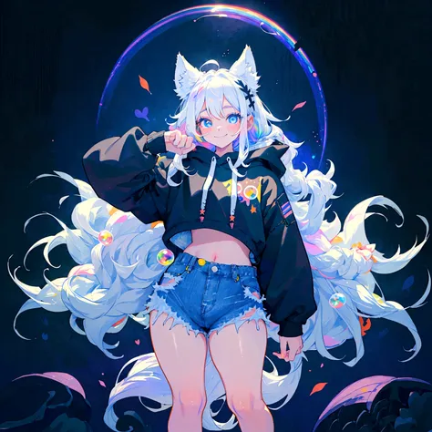 a cute adult male with wolf ears, long white hair, long locks, has a wolf tail, wearing a loose cropped black hoodie, wearing a ...