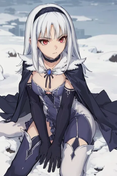 1girl, solo, aira blanc neige, galdinius hairband, black elbow gloves, blue dress cleavage, frilled choker white cape black cape black, thighhighs frills, blue gemstone, snow, city, best quality, masterpiece, looking at viewers 