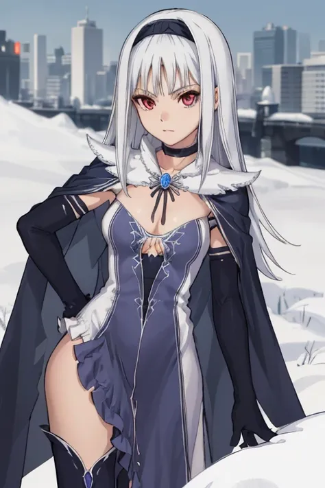 1girl, solo, aira blanc neige, galdinius hairband, black elbow gloves, blue dress cleavage, frilled choker white cape black cape...