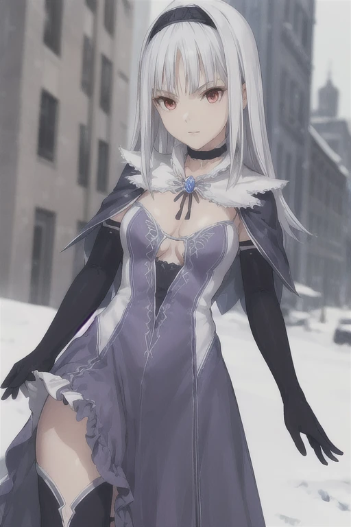 1girl, solo, aira blanc neige, galdinius hairband, black elbow gloves, blue dress cleavage, frilled choker white cape black cape black, thighhighs frills, blue gemstone, snow, city, best quality, masterpiece, looking at viewers 