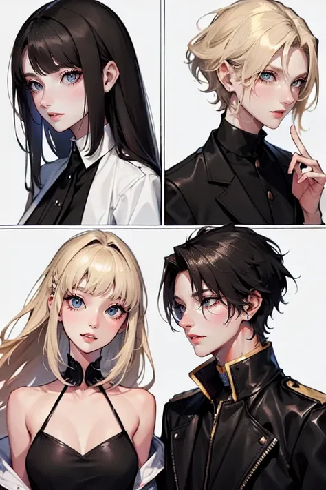 (tall man,(man is taller than me woman) messy black-haired man wearing a , is a student, with his hands in his pockets.),(a thin woman, long blonde hair, woman has green eyes, cheerleader) best quality, adorable, ultra-detailed, illustration, complex, deta...