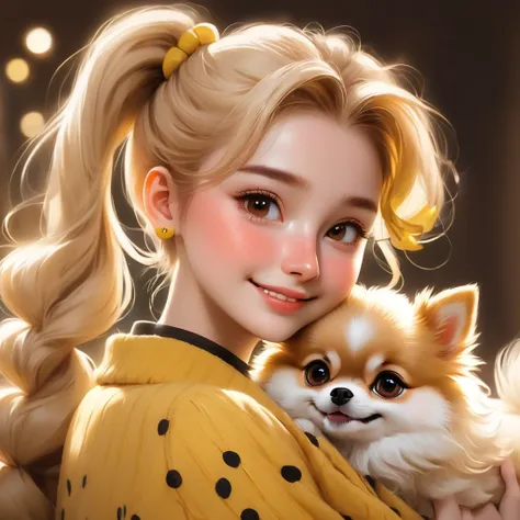 best quality, masterpiece, Hogwarts students, hufflepuff, High double ponytail short hair, Blonde short hair with double ponytails.,Sleep well,And her adorable Pomeranian puppy., Lovely and bright,Smile,Misbehavior, freckles on face, brown eye detail, Deli...