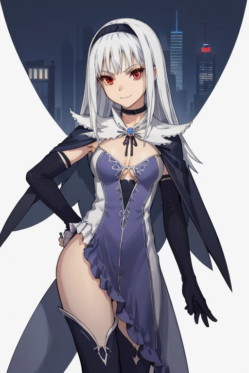 1girl, solo, aira blanc neige, smile, red eyes, galdinius hairband, black elbow gloves, blue dress cleavage, frilled choker white cape black cape black, thighhighs frills, blue gemstone, city, best quality, masterpiece, looking at viewers 