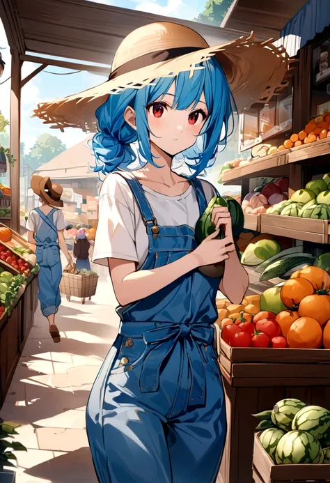 Ryoko Hirosue、Blue-haired short、Straw hat、Denim overalls、The background is a fruit and vegetable shop、Red Eyes