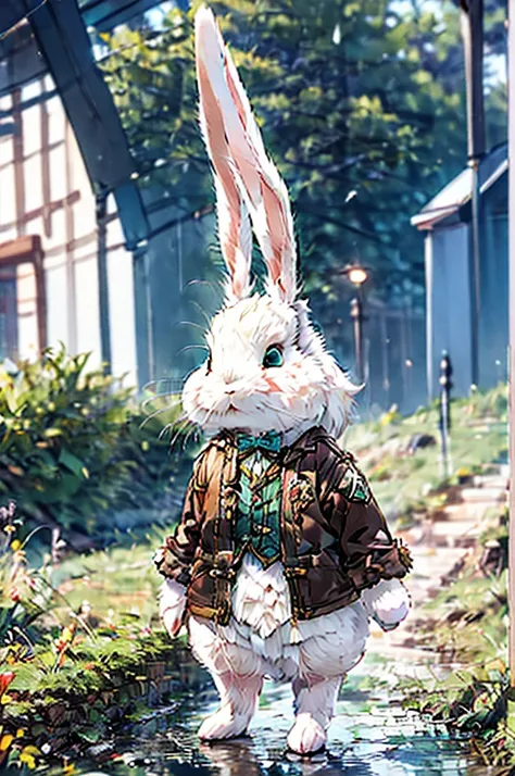 (((male, solo, bunny boy, white fur, elegante fantasy clothes))), elegante clothes, fantay clothes,green eyes, seafoam green clo...