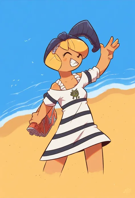 cartoon girl in striped dress waving her hand, a squirming stain in an absurd dress., girl on the beach, cartoony cute, at the b...