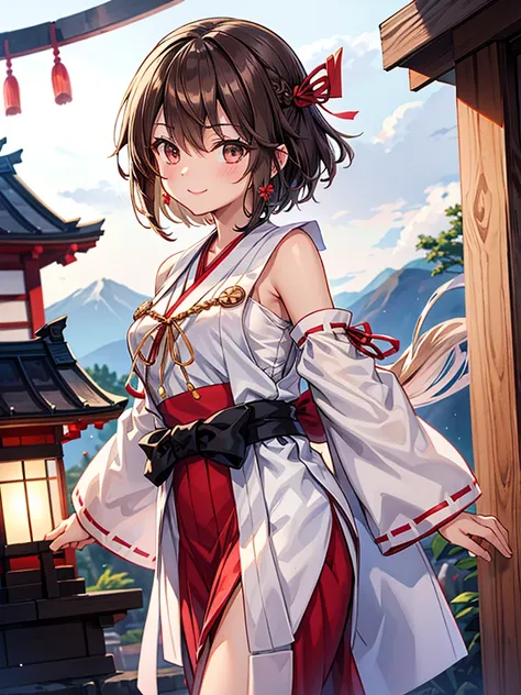 miko girl, shining black eyes, bright smile, bust c, fluffy brown hair short hair ties a japanese-style red ribbon on the right ...