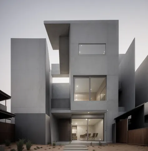 architectural concrete_finish, modern house, fair-face concrete, concrete, street view, in the mountains (masterpiece)