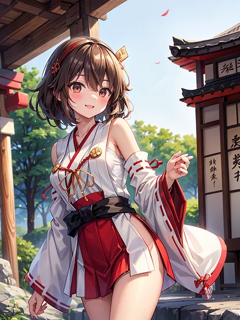 miko girl, shining black eyes, bright smile, bust c, fluffy brown hair short hair ties a japanese-style red ribbon on the right ...