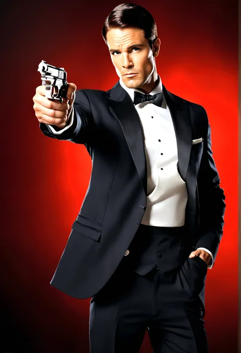 Fox Comedy Character Archer (secret agent in a tuxedo, drunk, brash, handsome, carelessly wielding a pistol), striking an almost dashing pose. ARCHER written in the background