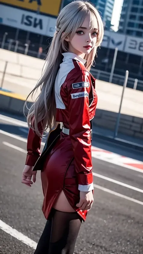  girl 23-year-old Hairstyle Casual,  wearing racing suit on race track at evening and rainy