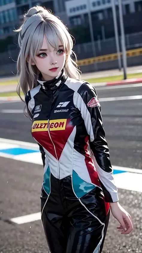  girl 23-year-old Hairstyle Casual,  wearing racing suit on race track at evening and rainy