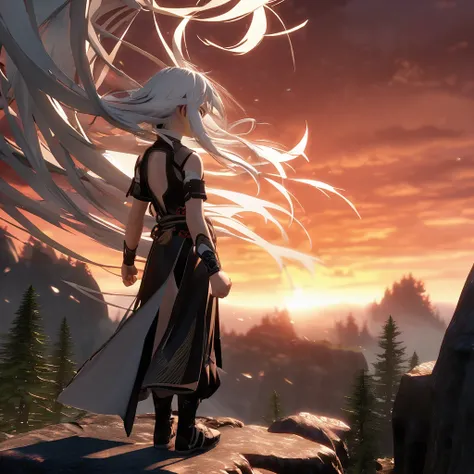 [Scene] Clifftop at dusk
[Characters]
 * Lin Fei: Black-clad warrior, white hair flowing, back turned, hands clenched, looking down with a pained expression.
 
[Elements]
 * Cliff: Steep, sharp rocks, orange-red sky, strong wind
 * Pine tree: Large tree at...