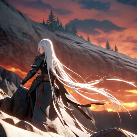 [Scene] Clifftop at dusk
[Characters]
 * Lin Fei: Black-clad warrior, white hair flowing, back turned, hands clenched, looking down with a pained expression.
 
[Elements]
 * Cliff: Steep, sharp rocks, orange-red sky, strong wind
 * Pine tree: Large tree at...