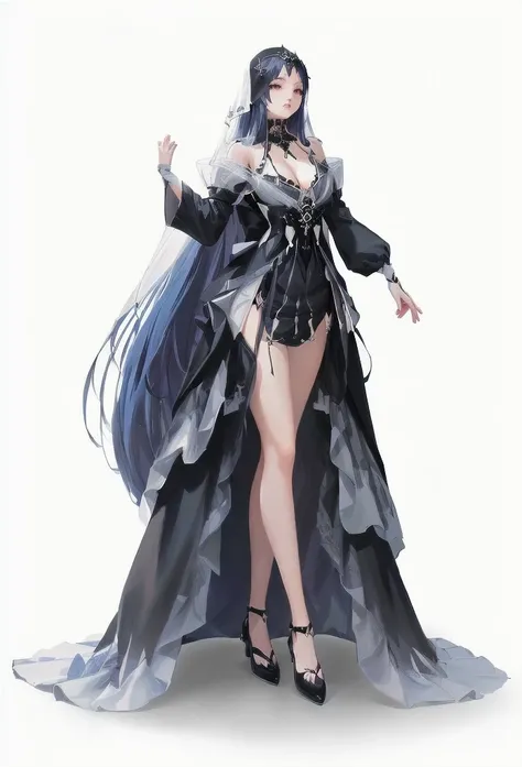 Arafi woman in black dress and white veil, Dark witch full body pose, Cute anime girl in a beautiful skirt, Onmyoji detailed art, Gothic girl anime girl, Beautiful and charming anime woman, Beautiful full body concept art, Anime woman full body art, Kushat...