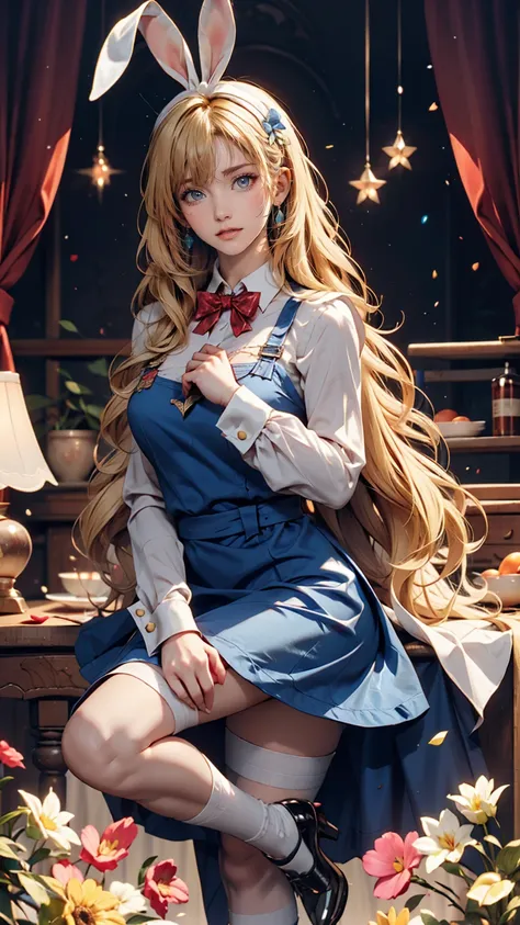 Alice in Wonderland、Wear a blue apron dress、Blonde、long hair、Hair becomes wavy、Put a big ribbon on your head、Chasing a tuxedo-wearing rabbit on two legs