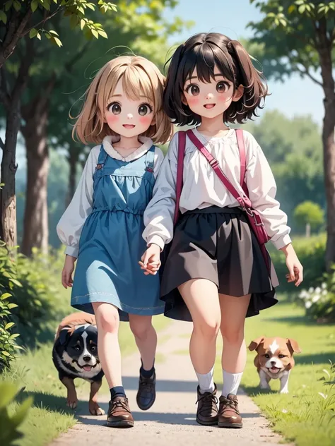 Two Girls、Sisters、Walk hand in hand、Walk alongside the dog、Giant dog、Bushy-haired dog、Dogs bigger than girls、A friendly dog with white fur、