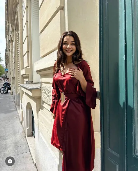 dark hair girl, red dress, robe rouge, middle breast, smile 