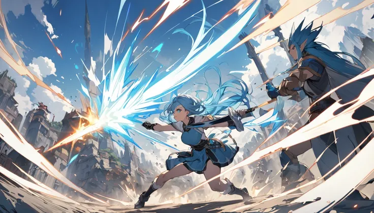 (Highest quality), Elf girl attacking with a large sword,Blue Hair,Different world