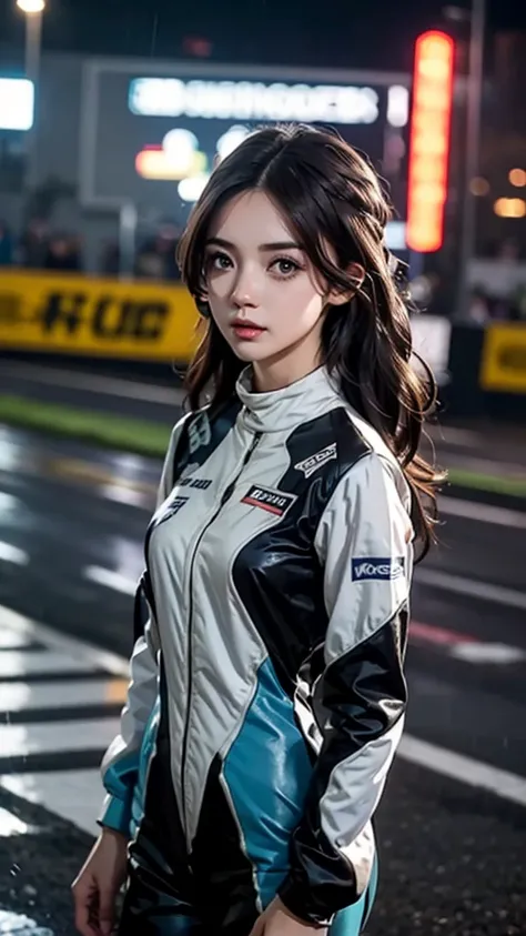  girl 23-year-old Hairstyle Casual,  wearing racing suit on race track at evening and rainy