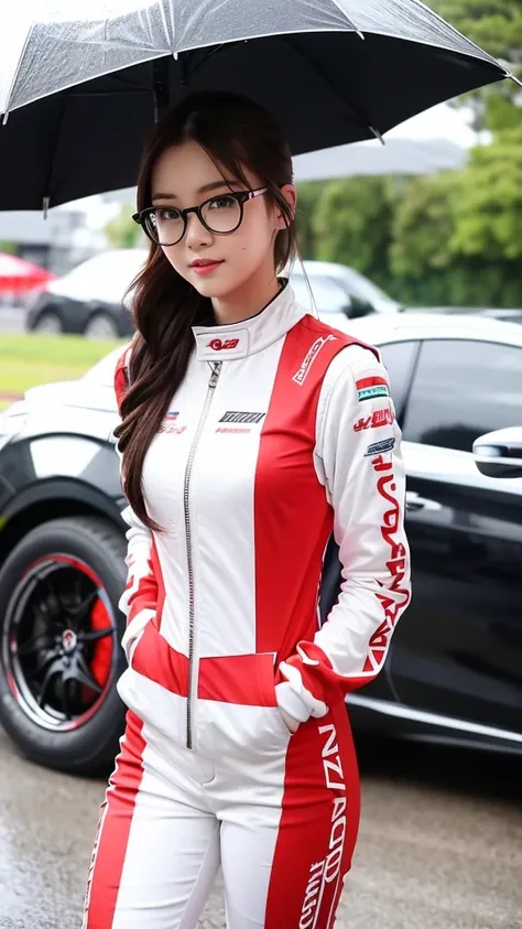  girl 23-year-old Hairstyle Casual, F with glasses wearing racing suit on race track at evening and rainy