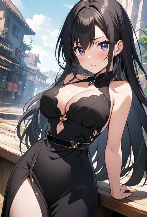 Anime girl with black hair in black saree busty