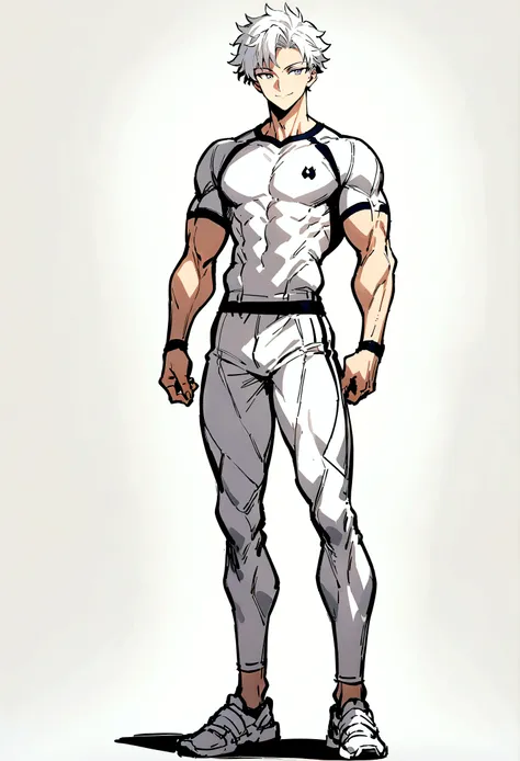 ((best quality)), ((masterpiece)), (detailed), 18 years old, all white clothes, handsome, anime style, dark background, full body, lean muscular, all white sport clothes, male, white hair, smiling face, standing straight.