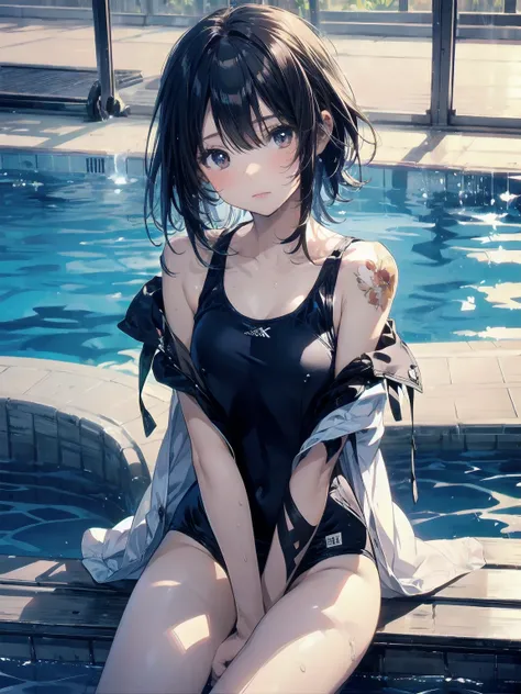 ultra-Top-quality by art God, ultra-detailed, high resolution, shinkai makoto style, anime moe artstyle, best anime 8k konachan wallpaper, pixiv contest winner, perfect anatomy, break,(Please draw a picture of a girl in a swimsuit sitting sleepily on a ben...