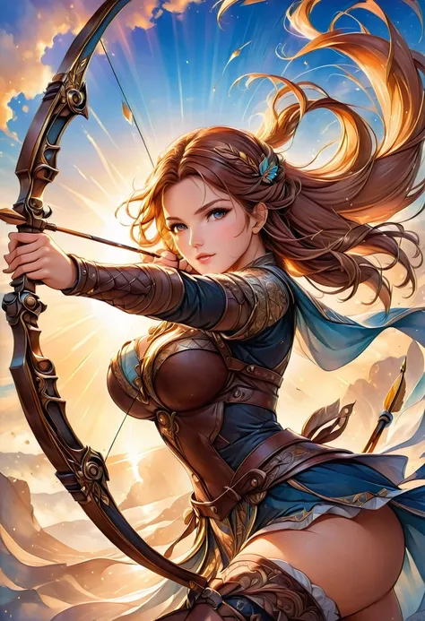 a watercolor illustration of a female archer, silhouette artwork, as the sun rises, fantasy art, ), sunrising behind the archer, ready to act,  ultra feminine, with a long curvy hair, dynamic bow sting drawn to the cheek , arrow ready to be shot, arrow tip...