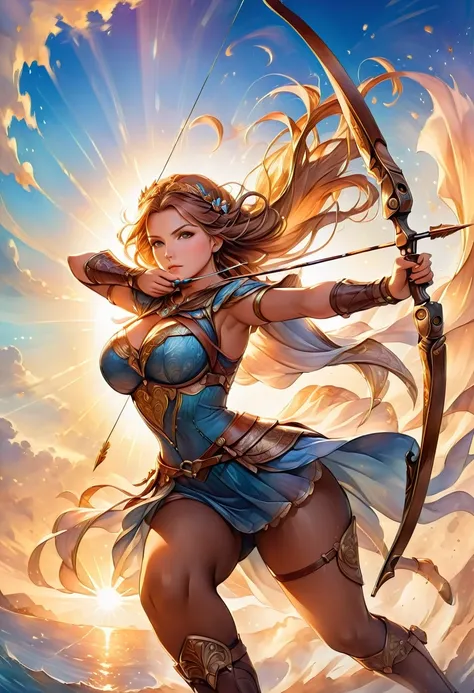 a watercolor illustration of a female archer, silhouette artwork, as the sun rises, fantasy art, ), sunrising behind the archer, ready to act,  ultra feminine, with a long curvy hair, dynamic bow sting drawn to the cheek , arrow ready to be shot, arrow tip...