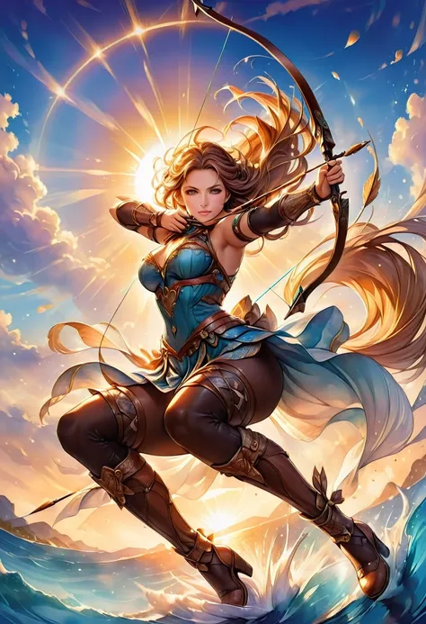 a watercolor illustration of a female archer, silhouette artwork, as the sun rises, fantasy art, ), sunrising behind the archer, ready to act,  ultra feminine, with a long curvy hair, dynamic bow sting drawn to the cheek , arrow ready to be shot, arrow tip...