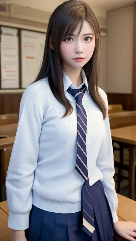 8K, Highest quality, Tabletop:1.2), (Realistic, Photorealistic:1.37), Highest quality, Tabletop, Beautiful young woman, Pensive expression,、attractive、そしてattractive表情, high school girl，uniform, Tie your hair back, Movie Background, Light skin tone