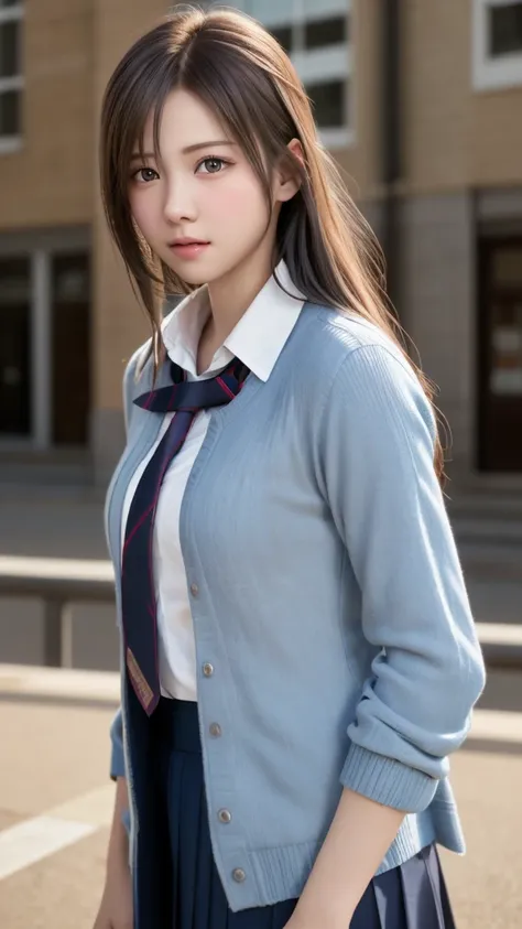 8K, Highest quality, Tabletop:1.2), (Realistic, Photorealistic:1.37), Highest quality, Tabletop, Beautiful young woman, Pensive expression,、attractive、そしてattractive表情, high school girl，uniform, Tie your hair back, Movie Background, Light skin tone