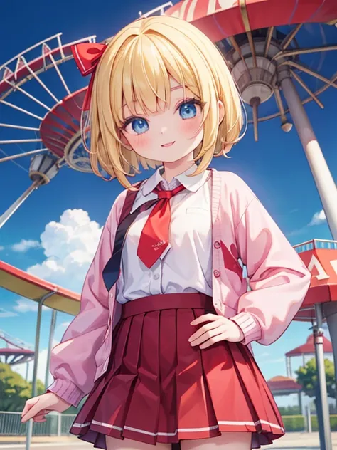 masterpiece, Highest quality, Very detailed, 16K, Ultra-high resolution, Cowboy Shot, 10-year-old girl, Detailed face, (smile:1.5), blue eyes, Blonde, Braid, Red ribbon on head, Daytime, amusement park, Yellow blouse, Red ribbon tie, Pink Cardigan, Brown S...