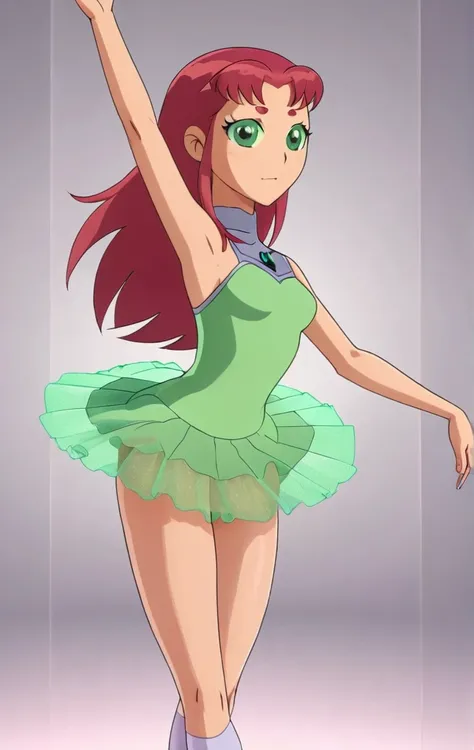 ohxw, star12, red hair, green eyes, pink tutu, bare legs, ballet slippers, full body, blushing, dance studio, 4k, highly detailed, lighting, inside, cartoon, 2d, sharp,