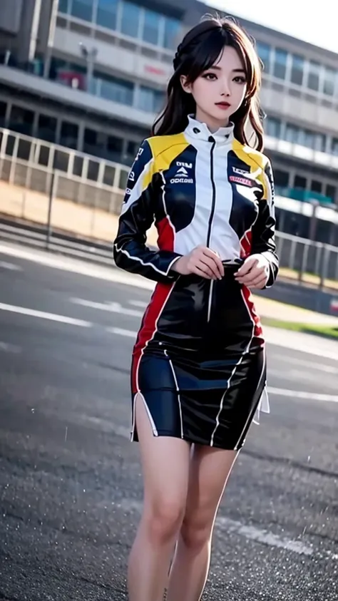  girl 23-year-old Hairstyle Casual,  wearing racing suit on race track at evening and rainy best quality 1 : 2