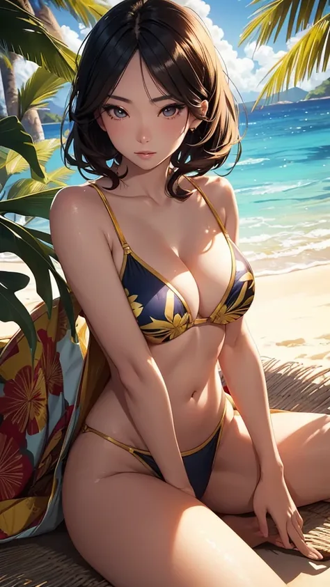 a beautiful japanese woman in a swimsuit, extremely detailed face, detailed eyes, long eyelashes, detailed lips, beautiful skin, elegant posture, tropical beach background, golden hour lighting, vibrant colors, 8k, highly detailed, photorealistic, studio l...