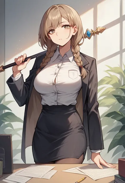 Not not safe for work, masterpiece, best quality, 1 girl, solo, teenager, large breasts, light brown eyes, bangs, brond hair, braids hair, office staff suit, jacket, pencil skirt, upper body, standing, office,