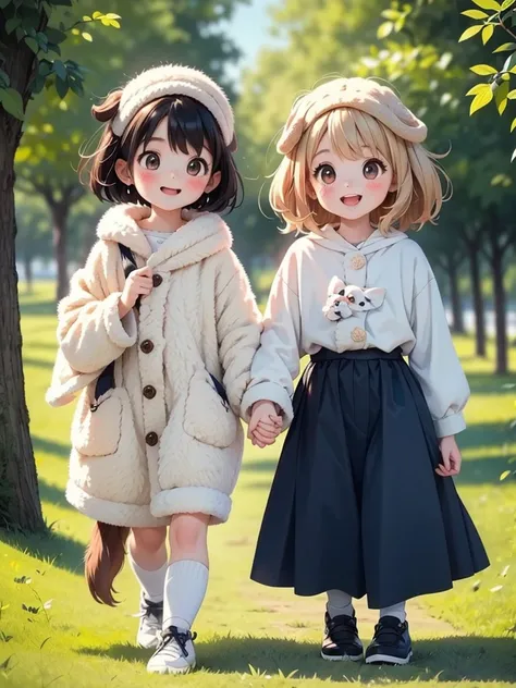 Two Girls、Very close sisters、Walk hand in hand、Having fun and being excited、Happy smile、Walk alongside your dog、Giant dog、A dog as tall as its sisters、Bushy-haired dog、A friendly dog with white fur、Samoyed、